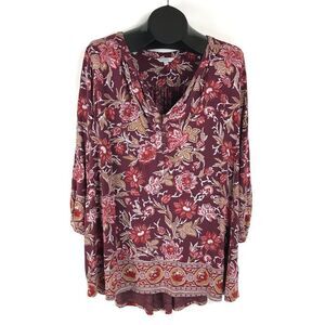 Lucky Brand Floral Popover Knit Top Women's Plus Size 3X Burgundy Viscose Boho